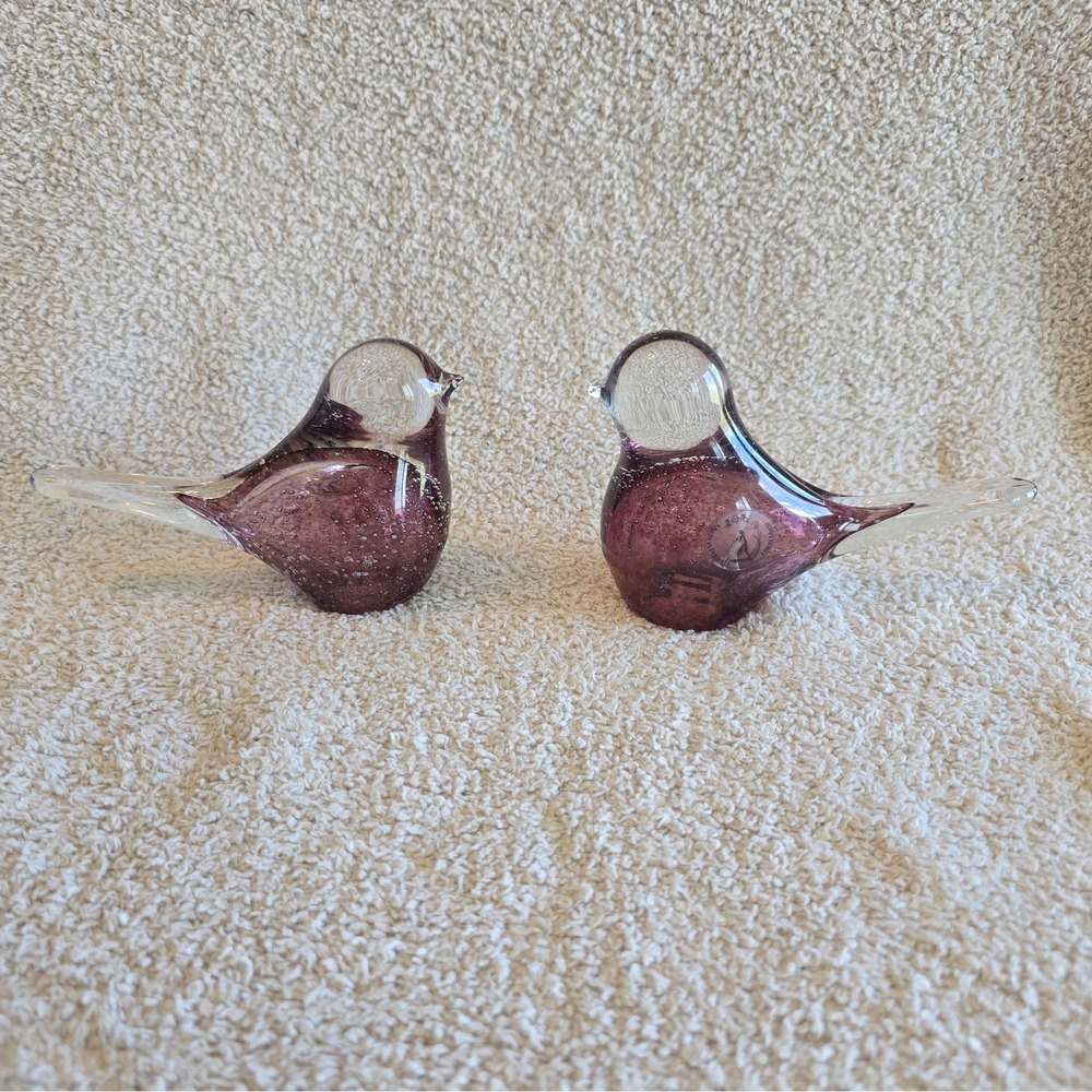 Zorza Hand Blown Glass Birds Set 2 Purple Clear Art Glass Made In Poland Vintage